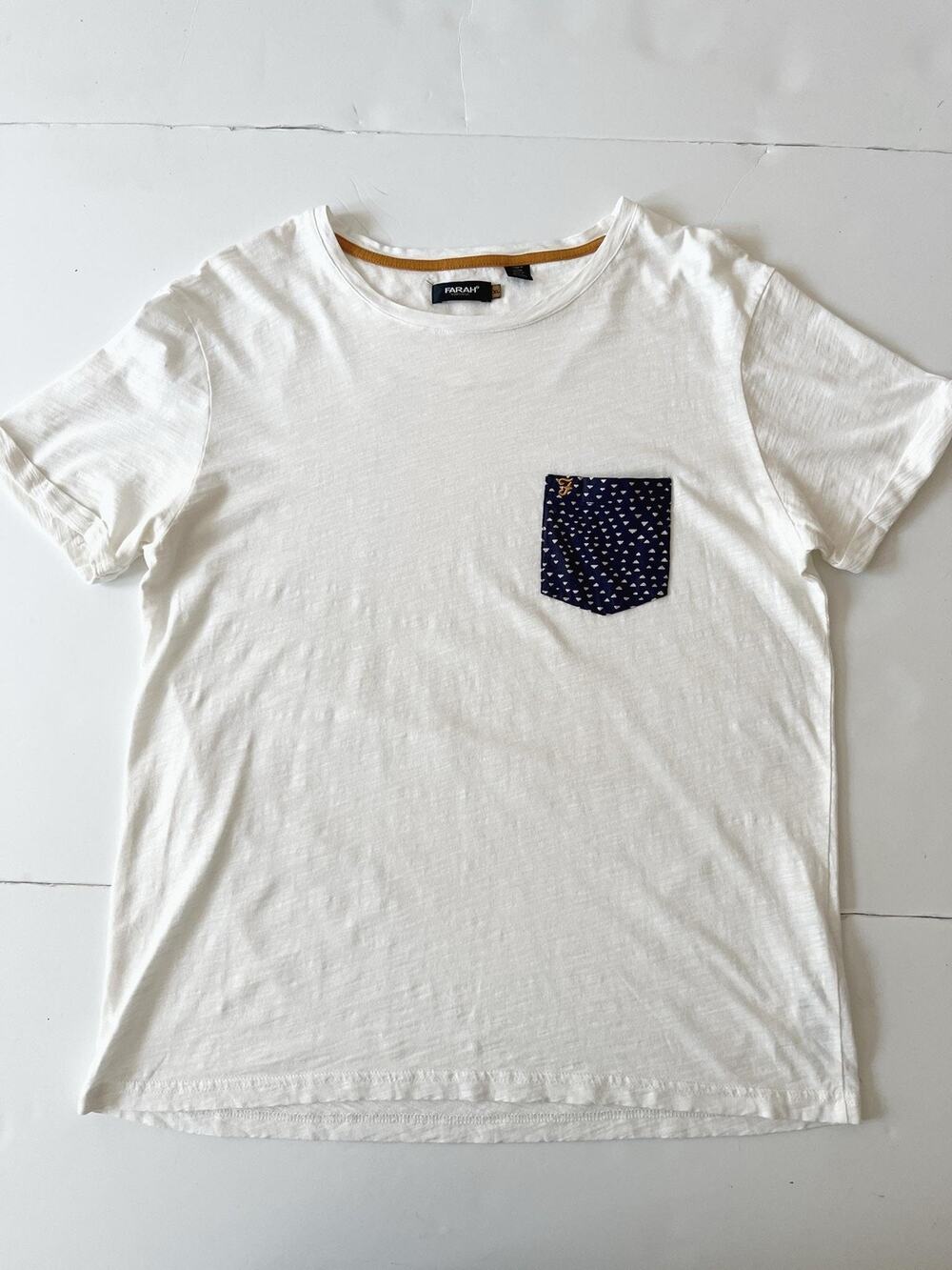 Farah Vintage Shirt Mens XL White Slub Crew Neck Pocket Navy Print Logo Tee
